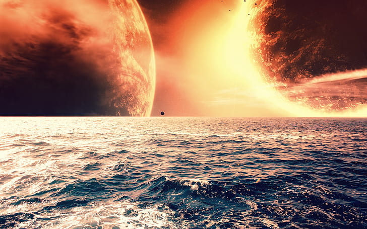 The red planet on the sea horizon, collision of 2 planets painting, Red, Planet, Sea, Horizon, HD wallpaper