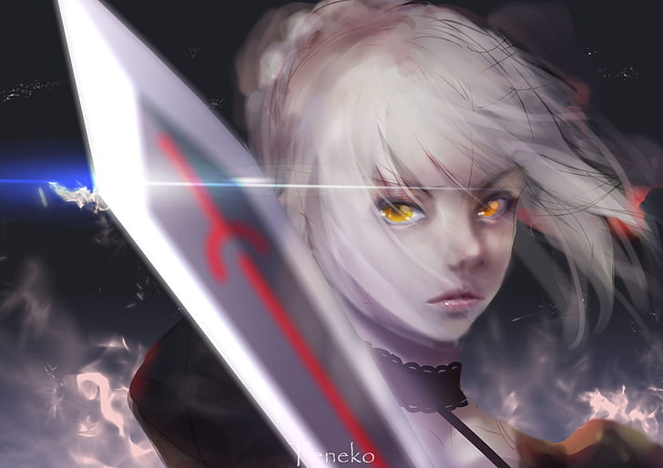 Fate Series, FGO, Fate/Stay Night, fate/stay night: heaven's feel, anime girls, blond hair, 2D, black dress, looking at viewer, Saber Alter, Arturia Pendragon, women with swords, Excalibur, yellow eyes, fan art, HD wallpaper