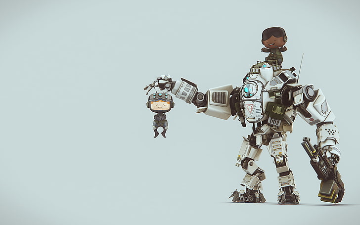 тапет за персонаж робот, Titanfall, цифрово изкуство, SliD3, робот, оръжие, видео игри, прост фон, HD тапет