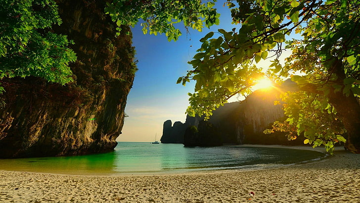 tayland, andaman denizi, tatil, kum, kireçtaşı, defne, kova, plaj, doğa, tropikal, sahil, manzara, deniz, ağaç, güneş ışığı, gökyüzü, su, HD masaüstü duvar kağıdı