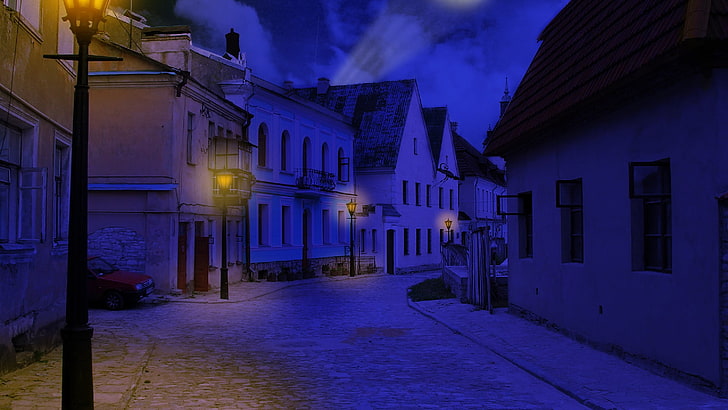 синий, уличный фонарь, улица, ночь, город, вид с улицы, украина, небо, аллея, свет, освещение, архитектура, дом, дом, окрестности, HD обои
