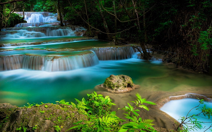 カスケードツリーのある美しい熱帯の滝Water Huay Mae Kamin WaterfallカンチャナブリタイHd壁紙for携帯電話タブレットとラップトップ3840×2400、 HDデスクトップの壁紙