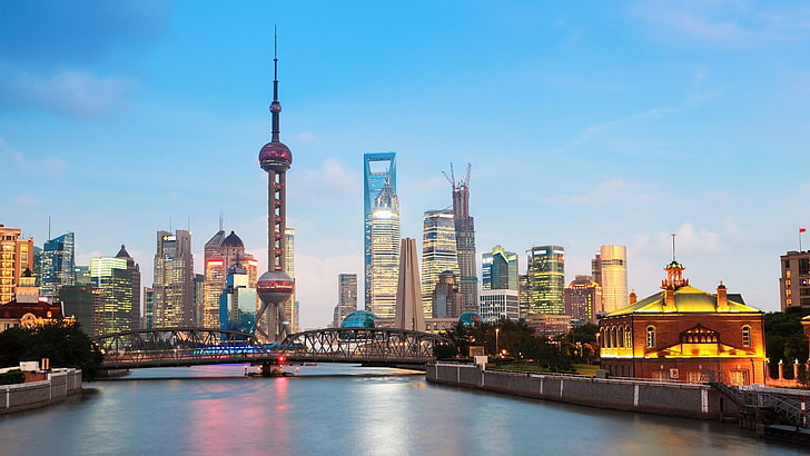 Oriental Pearl tower, architektura, pejzaż miejski, budynek, Szanghaj, Chiny, wieżowiec, rzeka, most, wieża, światła, miasto, Tapety HD