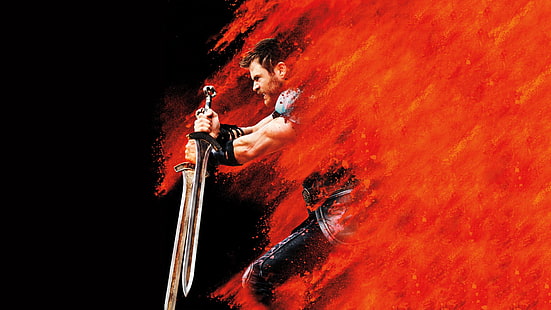 человек с мечом, иллюстрация, фильм Тор: Рагнарок, Крис Хемсворт, Тор, HD обои HD wallpaper