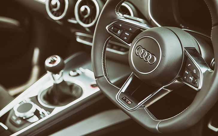 black and silver Audi car interior, audi, tts, interior, steering wheel, logo, HD wallpaper