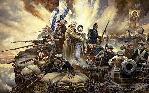 malarstwo wojenne, wojna, malarstwo, flaga, armaty, broń, żołnierz, dym, Tapety HD HD wallpaper