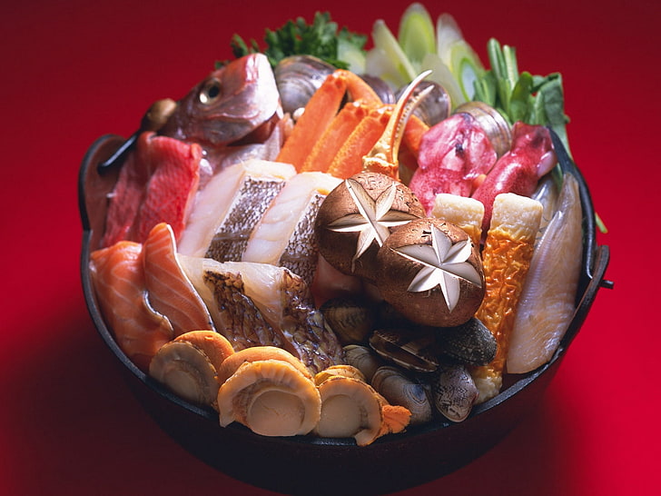 black ceramic bowl, fish, allsorts, seafood, mussels, HD wallpaper