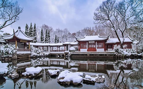 winter, snow, Suzhou Gardens, garden, China, lake, Chinese traditional architecture, HD wallpaper HD wallpaper