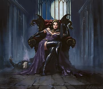 สาว MAG หมอผี Liliana Magic: The Gathering сидит на троне, วอลล์เปเปอร์ HD HD wallpaper
