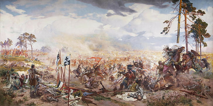 lukisan, Pertempuran Grunwald, bersejarah, Polandia, seni klasik, medan perang, Ordo Teutonik, Lituania, teutonik, Žalgirio mūšis, Wallpaper HD