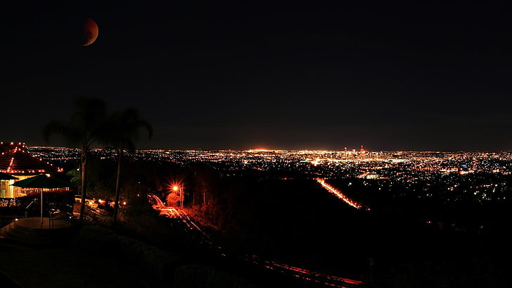 черный зонтик, Лос-Анджелес, город, луна, ночная точка зрения, пейзаж, HD обои