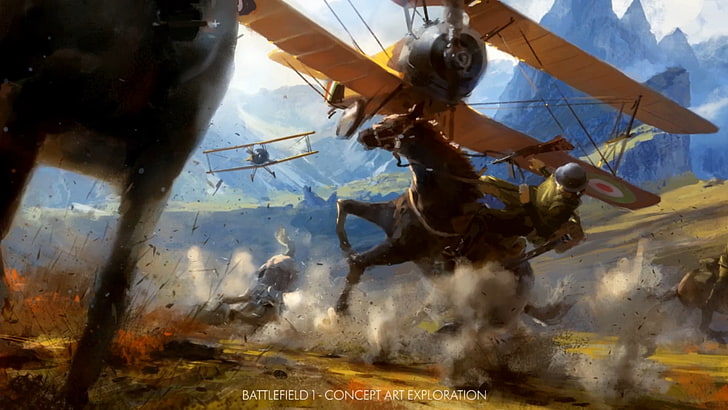 biplano amarillo cerca de fondo de pantalla de caballo marrón, Battlefield, Battlefield 1, guerra, caballo, soldado, videojuegos, arte conceptual, Fondo de pantalla HD