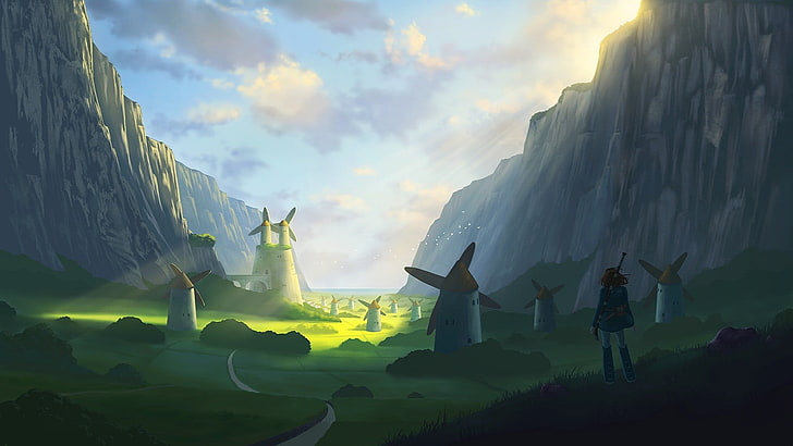 ilustrasi kincir angin, pegunungan, lanskap, kincir angin, sinar matahari, Nausicaa dari Lembah Angin, Wallpaper HD