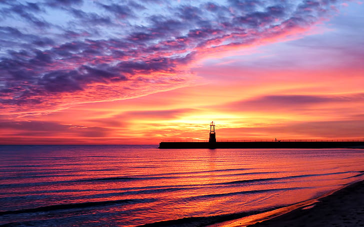 sand, sea, beach, the sky, water, landscape, sunset, reflection, shore, Shine, lighthouse, beauty, HD wallpaper