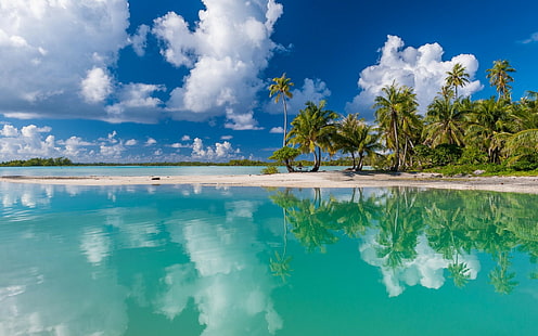 nuages, sable, été, blanc, tropical, palmiers, turquoise, plage, réflexion, Polynésie française, paysage, île, mer, nature, Fond d'écran HD HD wallpaper