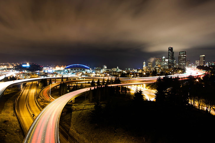 gray concrete road, road, long exposure, interchange, cityscape, Seattle, night, HD wallpaper