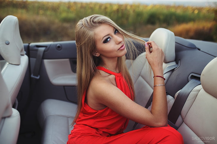 woman wearing red halter dress sitting inside convertible car, women, blonde, red dress, sitting, car, HD wallpaper