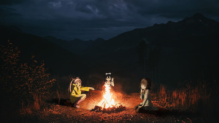 anime girls, kominek, góry, Kantoku, trawa, Tapety HD