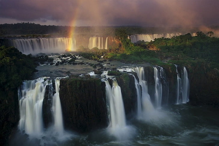 waterfalls and green trees, Iguazu Falls, waterfall, river, rainbows, forest, clouds, Brazil, Argentina, landscape, nature, HD wallpaper