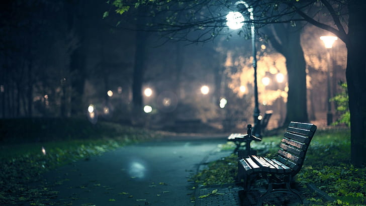 ночь, тишина, парк, скамейка, уличный фонарь, городской, HD обои