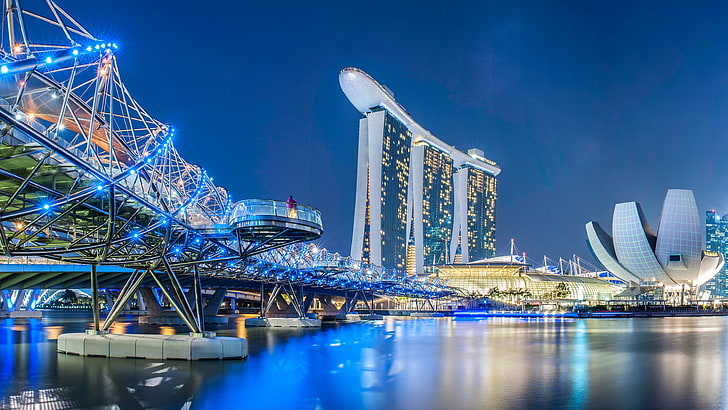 Marina Bay Sands, Singapore, night, bridge, design, lights, river, building, neon, Singapore, facilities, promenade, Marina Bay Sands, Helix Bridge, HD wallpaper