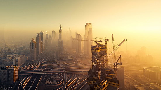атмосфера, строителство, ОАЕ, Обединени арабски емирства, Дубай, Бурж Халифа, кула, сграда, зора, мъгла, градски пейзаж, небе, сутрин, столичен район, градска зона, забележителност, небостъргач, град, силует, мегаполис, HD тапет HD wallpaper