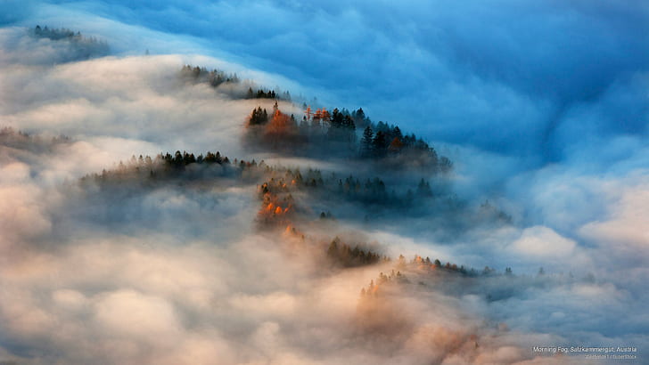 朝の霧、ザルツカンマーグート、オーストリア、ヨーロッパ、 HDデスクトップの壁紙