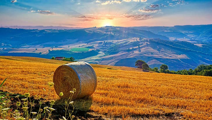 Italy, Campania, sunrise, hills, field, hay, hay bales, sky, clouds, nature, landscape, HD wallpaper