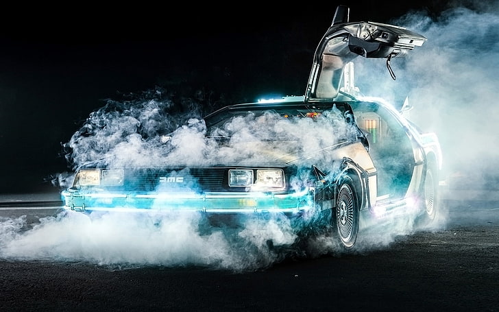 grå DMC Delorean coupe, bakgrund, rök, dörren, DeLorean, DeLorean, DMC-12, framsidan, Back to the Future, Time Machine, HD tapet