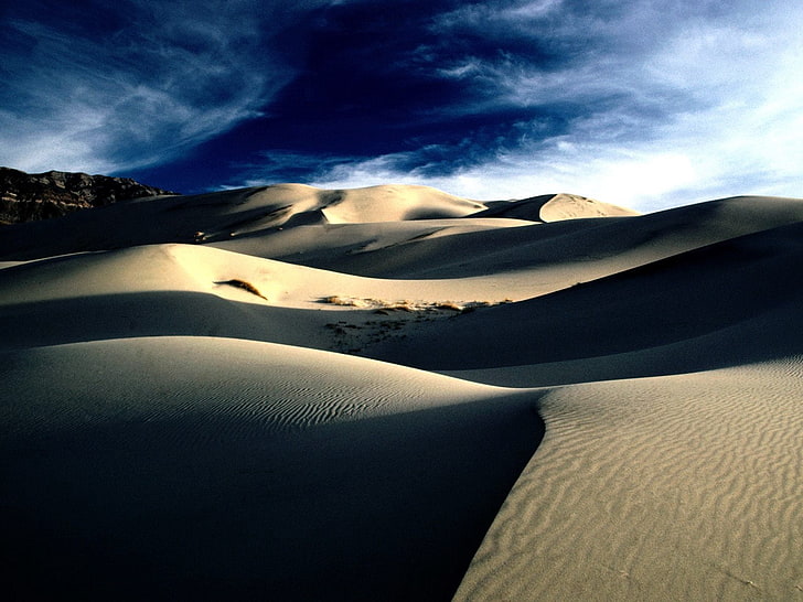 grey dessert, desert, sand, dunes, shades, mountains, lines, clouds, sky, HD wallpaper