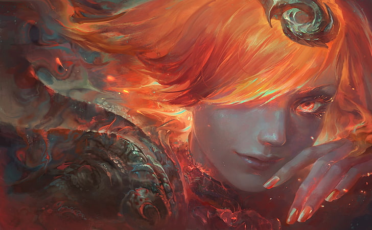 женские оранжевые волосы цифровые обои, воин, меч, фэнтези арт, магия, люкс (League of Legends), HD обои