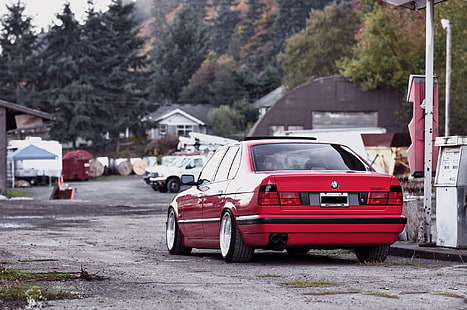 червен BMW седан, bmw, e34, 532i, тунинг, червен, автомобили, заден изглед, HD тапет HD wallpaper