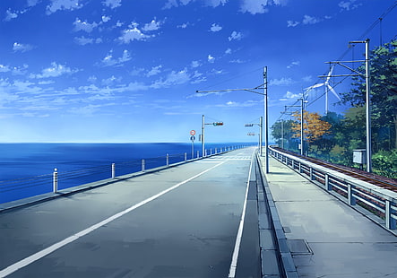 illustration of road, city, sea, landscape, anime, HD wallpaper HD wallpaper