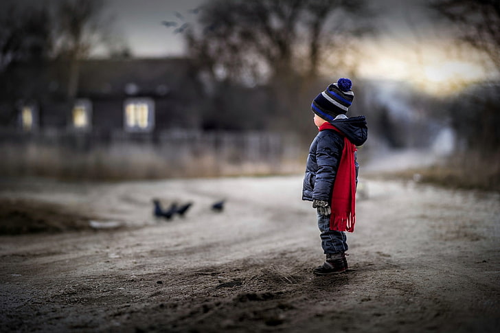 Herren schwarz und rot Polo-Shirt, Baby, Kinder, Schnee, verschwommen, Iwona Podlasinska, HD-Hintergrundbild