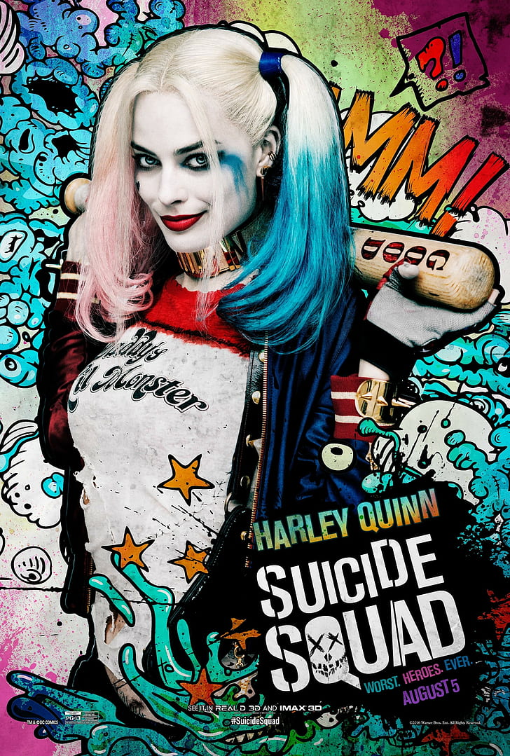 Affiches de films, pop art, Harley Quinn, femmes, Margot Robbie, affiche de film, colorée, regardant la visionneuse, DC Comics, Suicide Squad, Fond d'écran HD, fond d'écran de téléphone