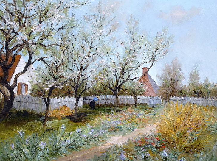 пейзаж, дом, картина, двор, Марсель Диф, Весенний сад, HD обои