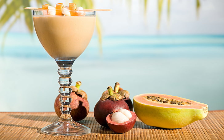 macro, bicchiere, cocktail, bibita, frutta, papaia, stuoia, mangostano, Sfondo HD