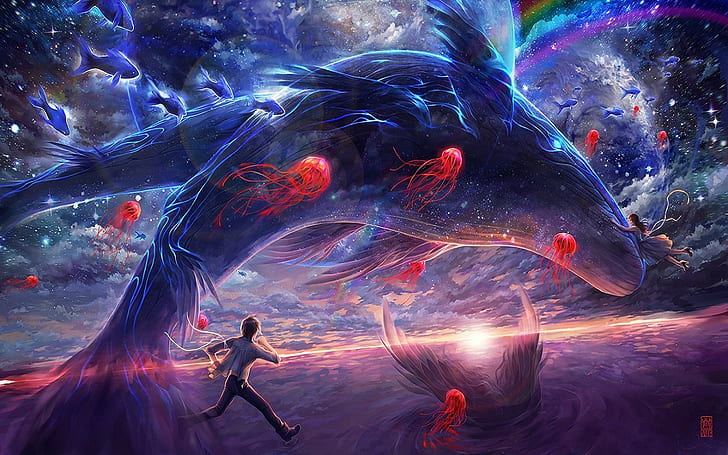 1280x800 px 2D digital art fantasy Art jellyfish landscape planet rainbows space sun sunset Whale Anime Azumanga HD Art , Space, planet, sun, Landscape, sunset, digital art, fantasy art, jellyfish, 2D, Rainbows, Whale, 1280x800 px, HD wallpaper