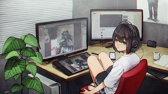 Anime, oryginał, czarne włosy, niebieskie oczy, komputer, dziewczyna, słuchawki, pokój, krótkie włosy, Tapety HD HD wallpaper