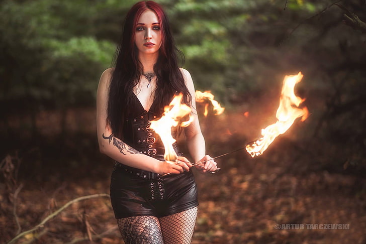 fantasy girl, Artur Tarczewski, women outdoors, fire, HD wallpaper