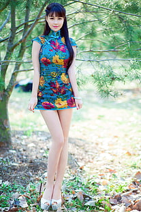 women's teal floral changseom dress, tuigirl, Asian, women, minidress, high heels, open-toed shoes, black hair, women outdoors, standing, legs, HD wallpaper HD wallpaper