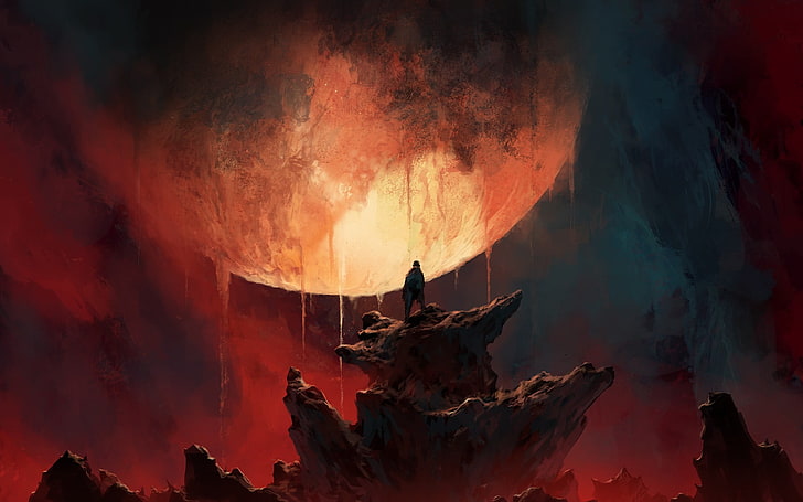 uomo in piedi sulla roccia sotto la luna sfondo, pianeta, colorato, sfera, opere d'arte, uomini, fantasy art, arte digitale, inferno, Sfondo HD