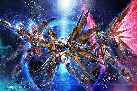  anime, robot, Gundam, Super Robot Wars, Mobile Suit Gundam SEED Destiny, Strike dom Gundam, Infinite Justice Gundam, Destiny Gundam, fan art, artwork, digital art, HD wallpaper HD wallpaper
