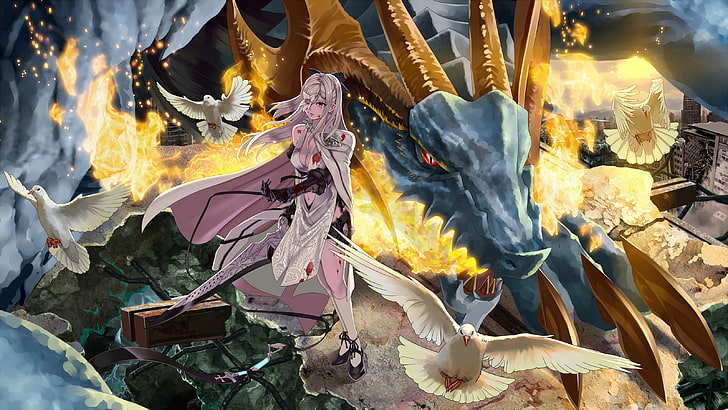 woman beside blue dragon and doves illustration, dragon, Drakengard 3, HD wallpaper
