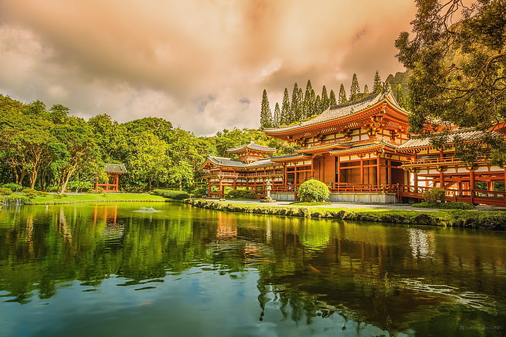 коричневый деревянный храм, азиатская архитектура, HD обои