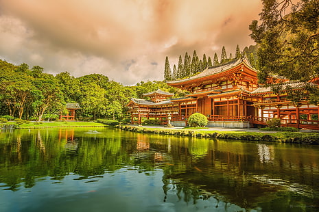 коричневый деревянный храм, азиатская архитектура, HD обои HD wallpaper