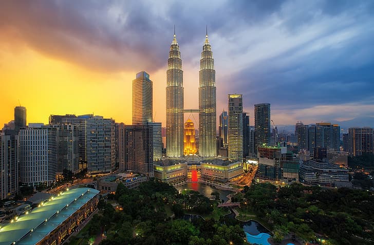 La ciudad, amanecer, edificio, mañana, Malasia, Kuala Lumpur, Fondo de pantalla HD