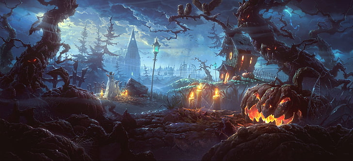 Праздник, Хэллоуин, Джек-о-фонарь, Ночь, Страшно, Деревня, Иллюстрация тыквы к Хэллоуину, HD обои