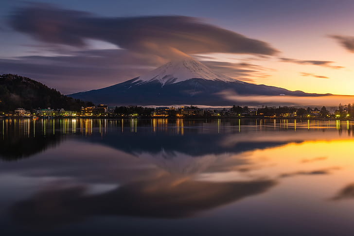 البراكين ، جبل فوجي ، اليابان ، بحيرة كاواجوتشي ، انعكاس ، بركان ، ياماناشي، خلفية HD