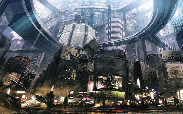 Poster Cyberpunk, bangunan beton krem ​​di dalam kubah yang jelas, cyberpunk, futuristik, karya seni, cityscape, kota futuristik, fiksi ilmiah, Wallpaper HD